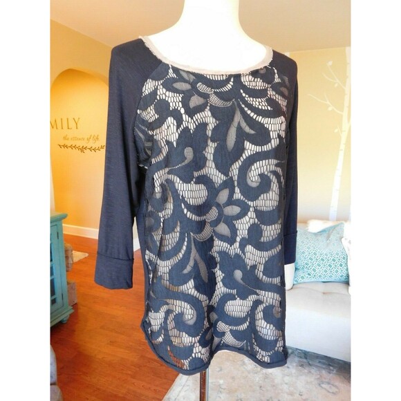Anthropologie DOLAN Black Lace Filigree 3/4 Sleeve Rayon/Spandex T-Shirt SZ SM - Picture 3 of 8